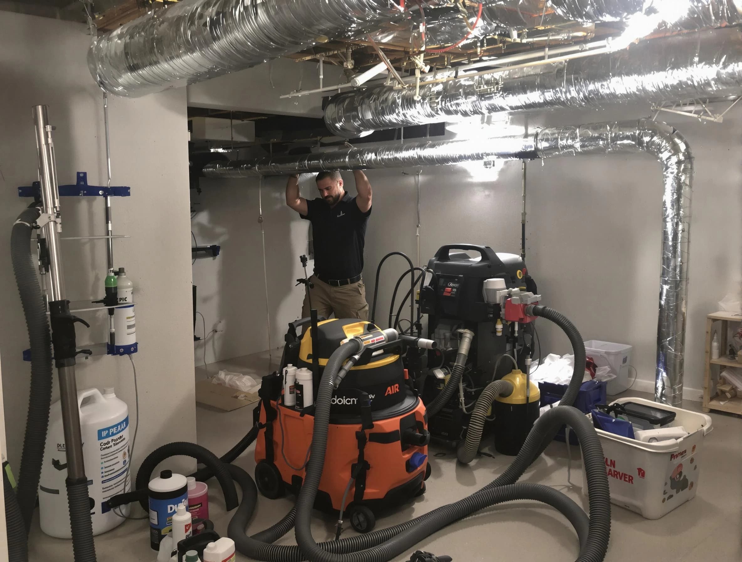 Johnston Air Duct Cleaning specialist performing professional mold removal from air ducts using safety equipment in Johnston