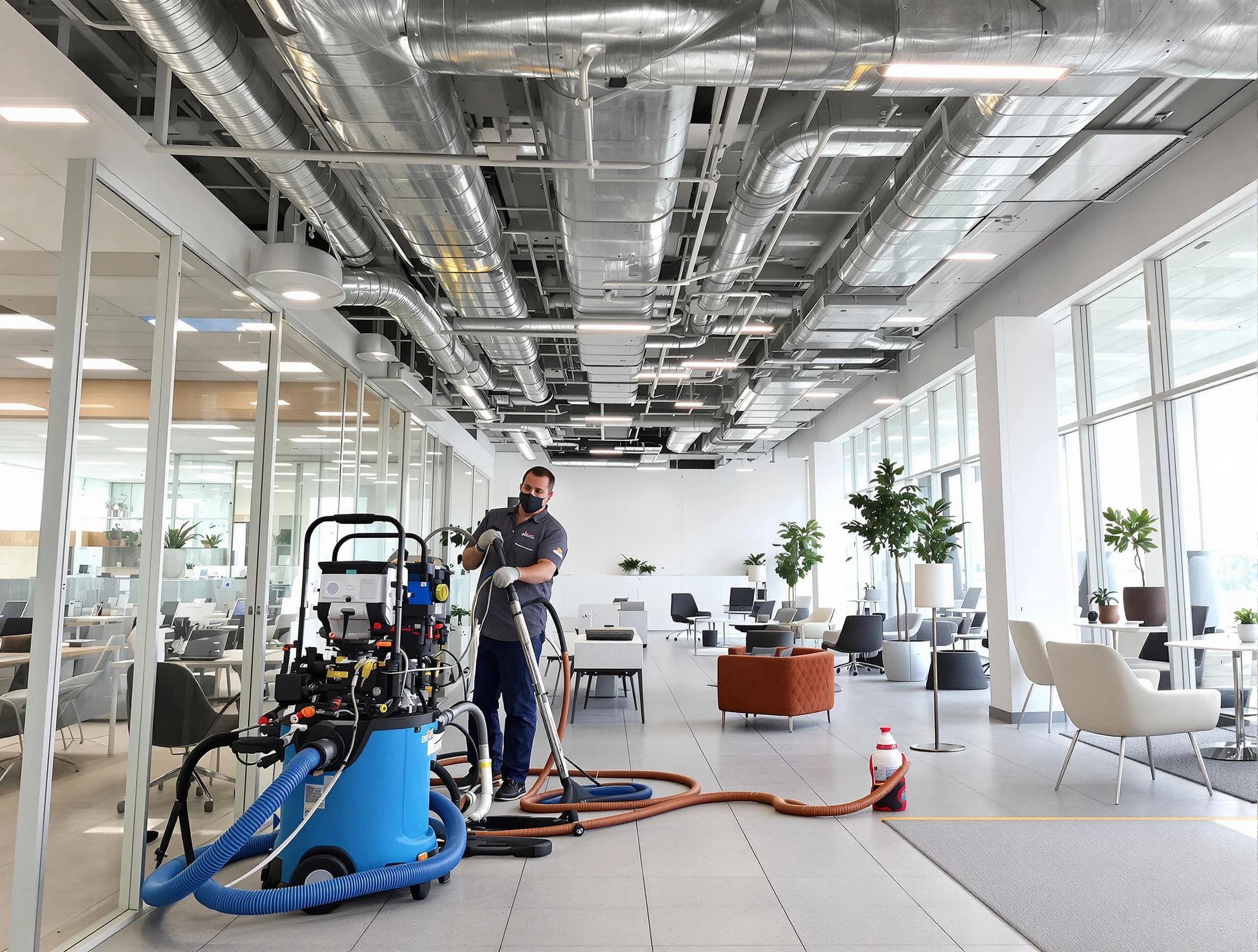 Johnston Air Duct Cleaning team conducting comprehensive commercial duct cleaning at a business location in Johnston