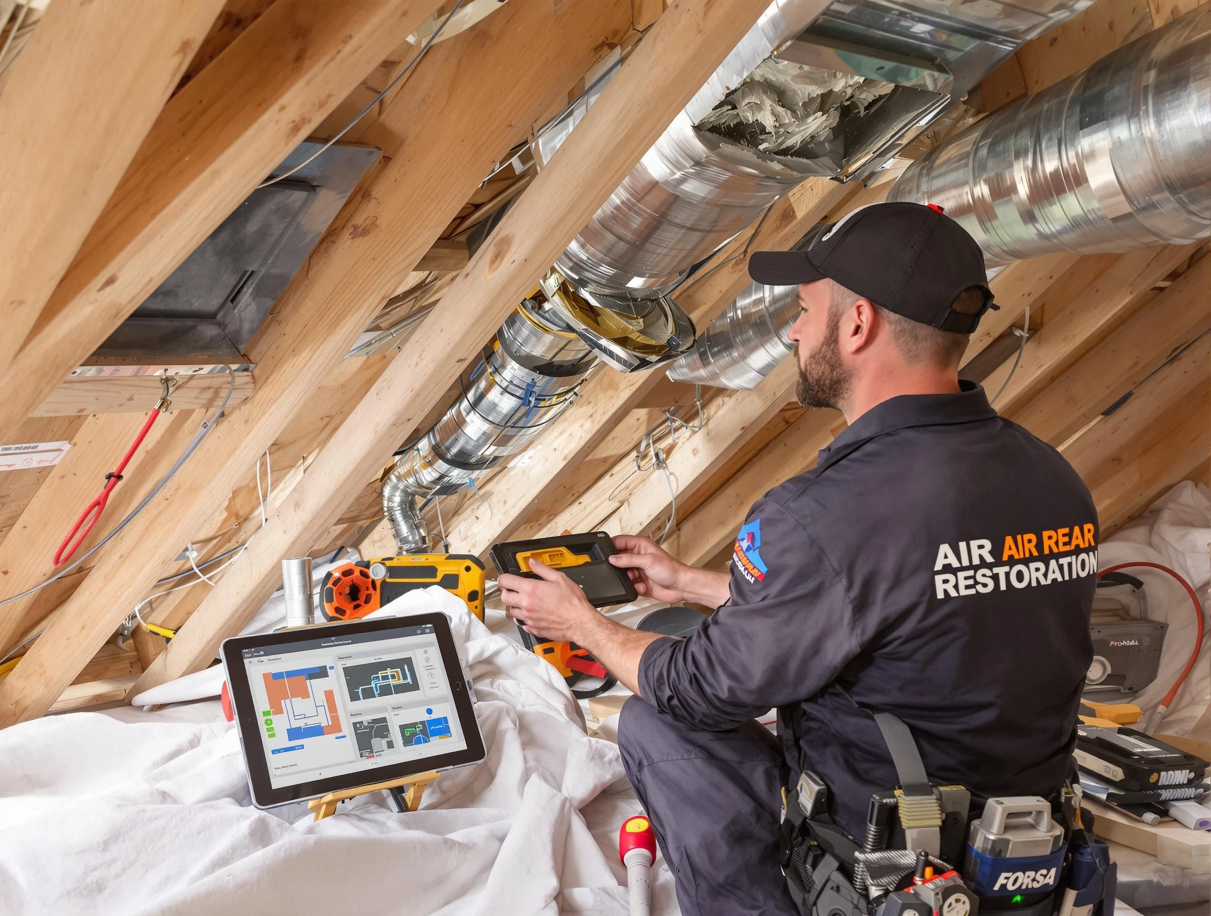Johnston Air Duct Cleaning technician performing precise duct repair work in Johnston