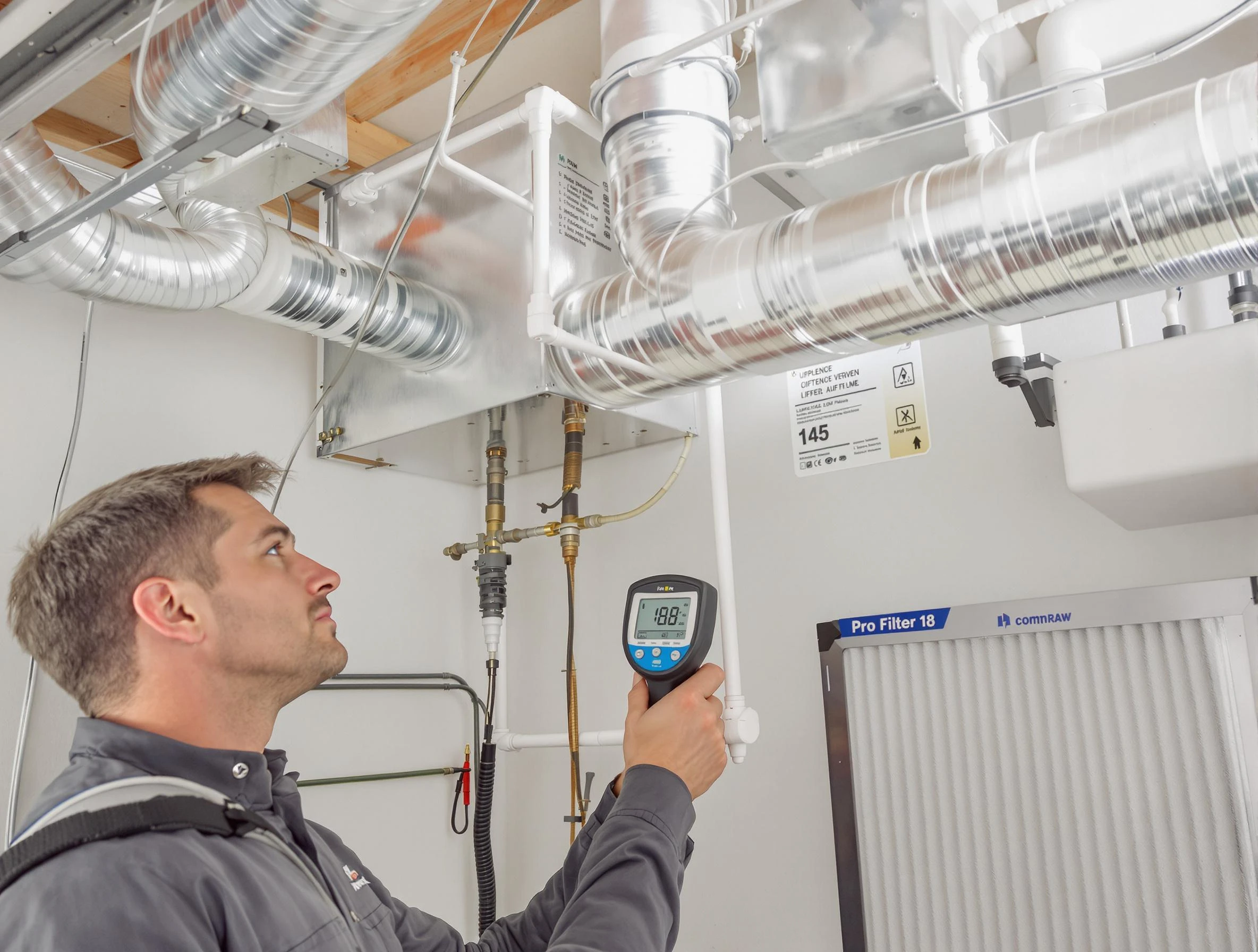 Johnston Air Duct Cleaning expert conducting detailed filter system inspection using diagnostic tools in Johnston