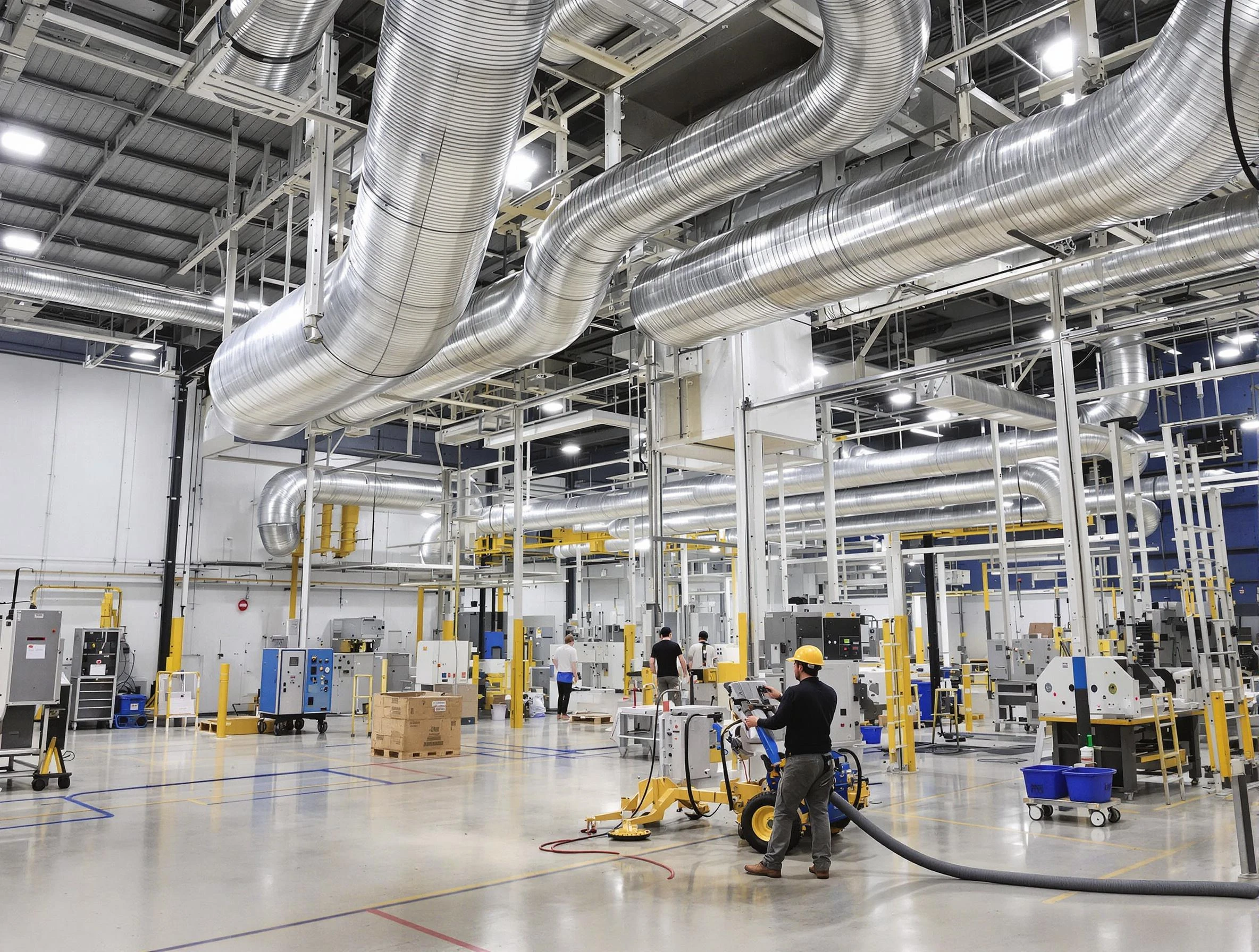 Johnston Air Duct Cleaning team performing comprehensive industrial duct cleaning at a large facility in Johnston