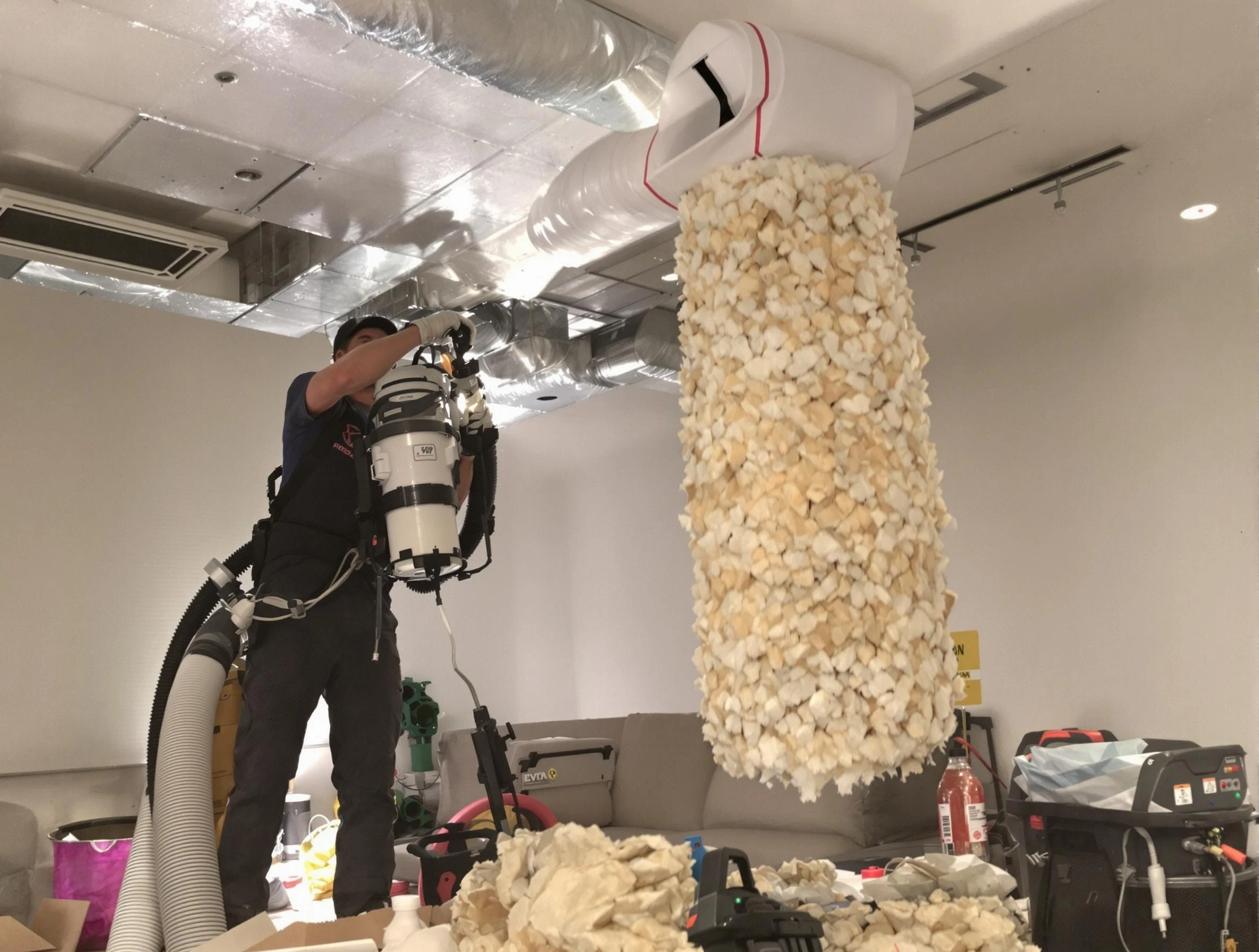 Johnston Air Duct Cleaning technician performing precision vacuum insulation removal in a residential property in Johnston